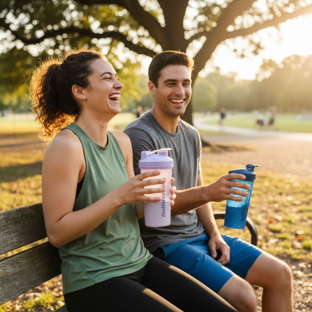 Two people sitting on a park bench holding protein shakers.