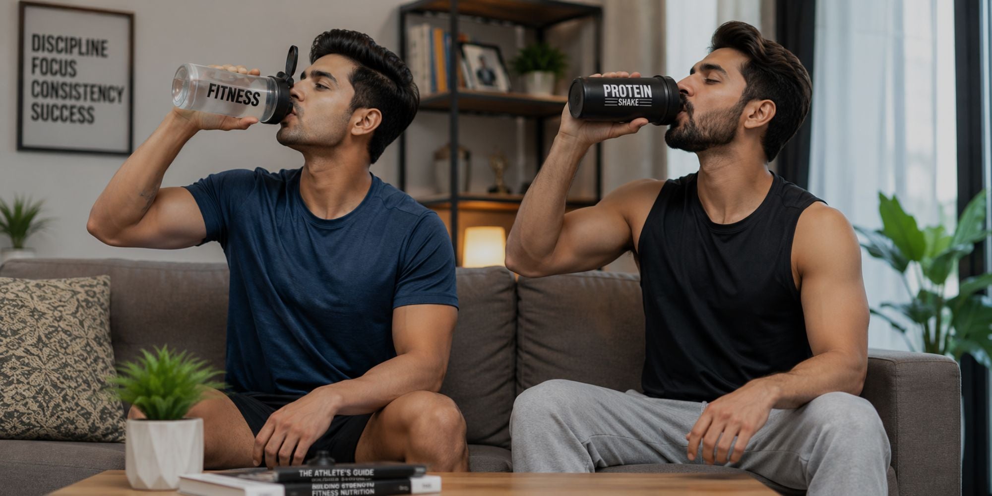 Two men sitting on a couch, each drinking from a protein shake container.