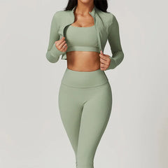 Women's 3-Piece Activewear Set Sports Bra Leggings Long Sleeve Workout
