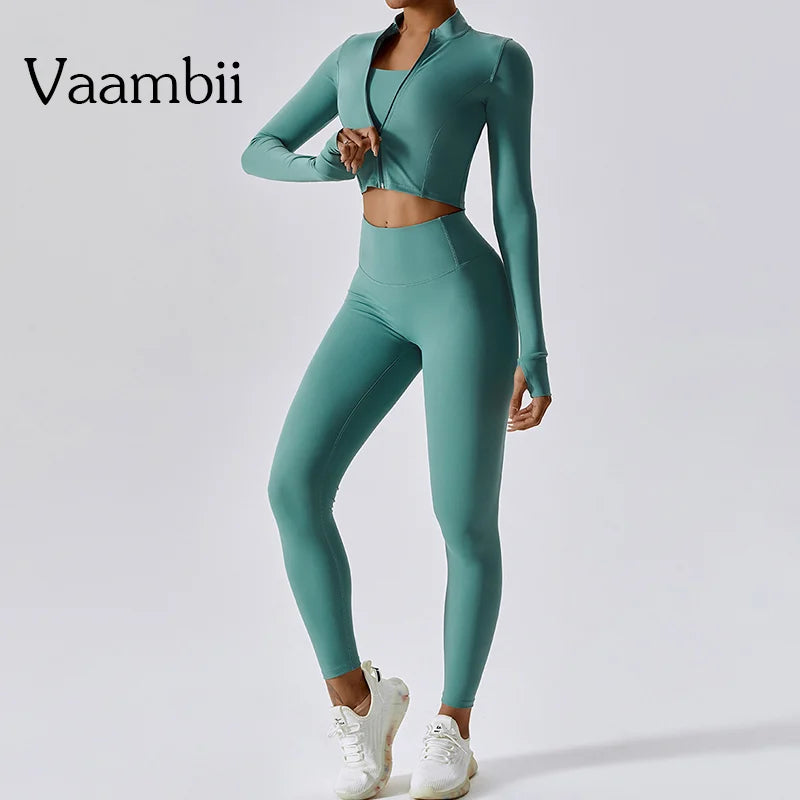 Women's 3-Piece Activewear Set Sports Bra Leggings Long Sleeve Workout