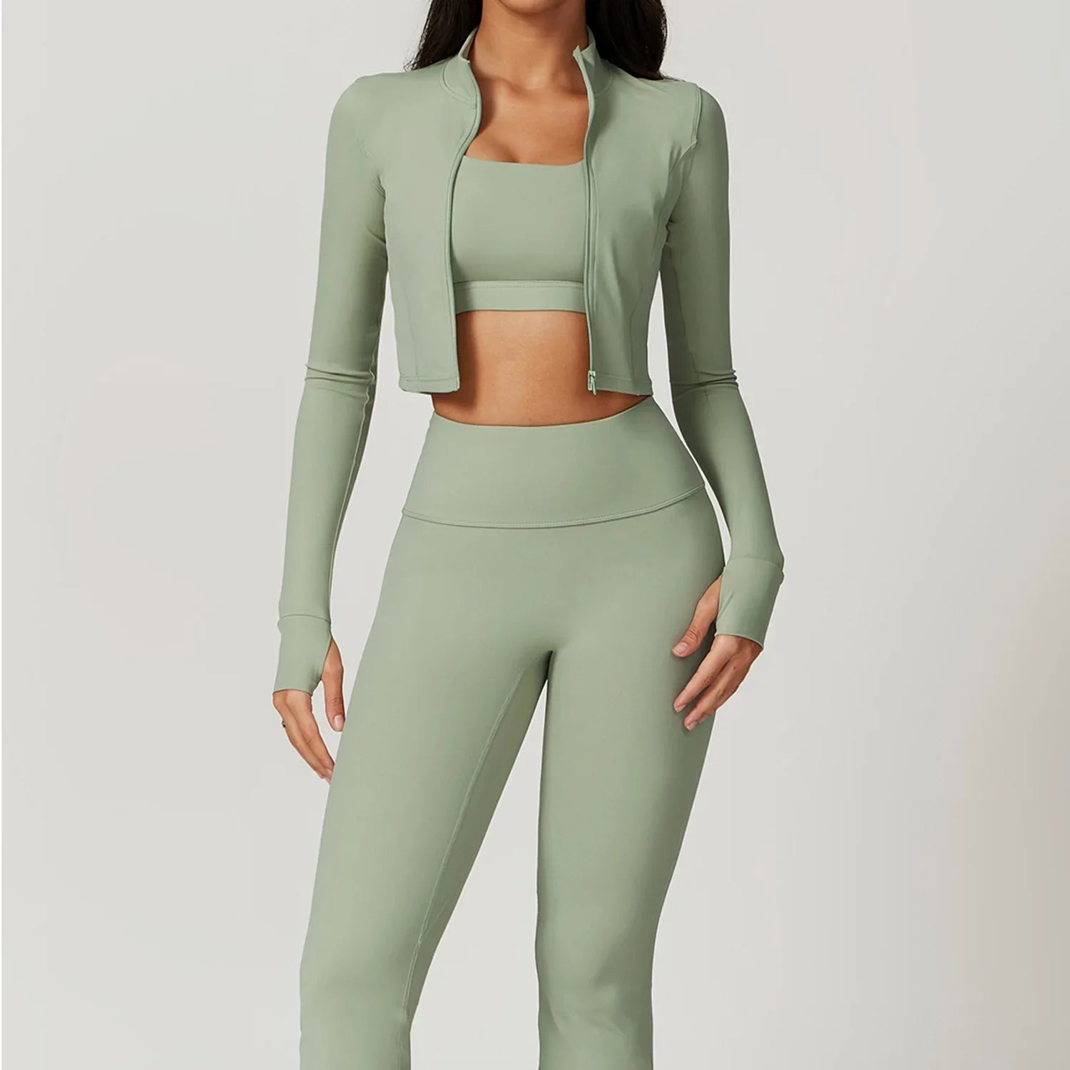 Women's 3-Piece Activewear Set Sports Bra Leggings Long Sleeve Workout