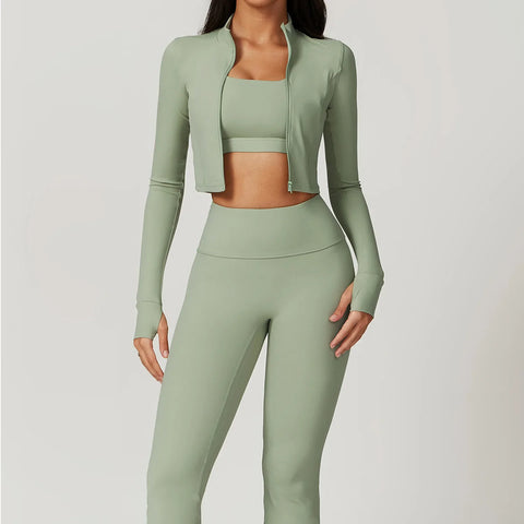 Women's 3-Piece Activewear Set Sports Bra Leggings Long Sleeve Workout