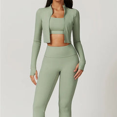 Women's 3-Piece Activewear Set Sports Bra Leggings Long Sleeve Workout