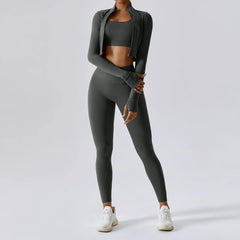Women's 3-Piece Activewear Set Sports Bra Leggings Long Sleeve Workout