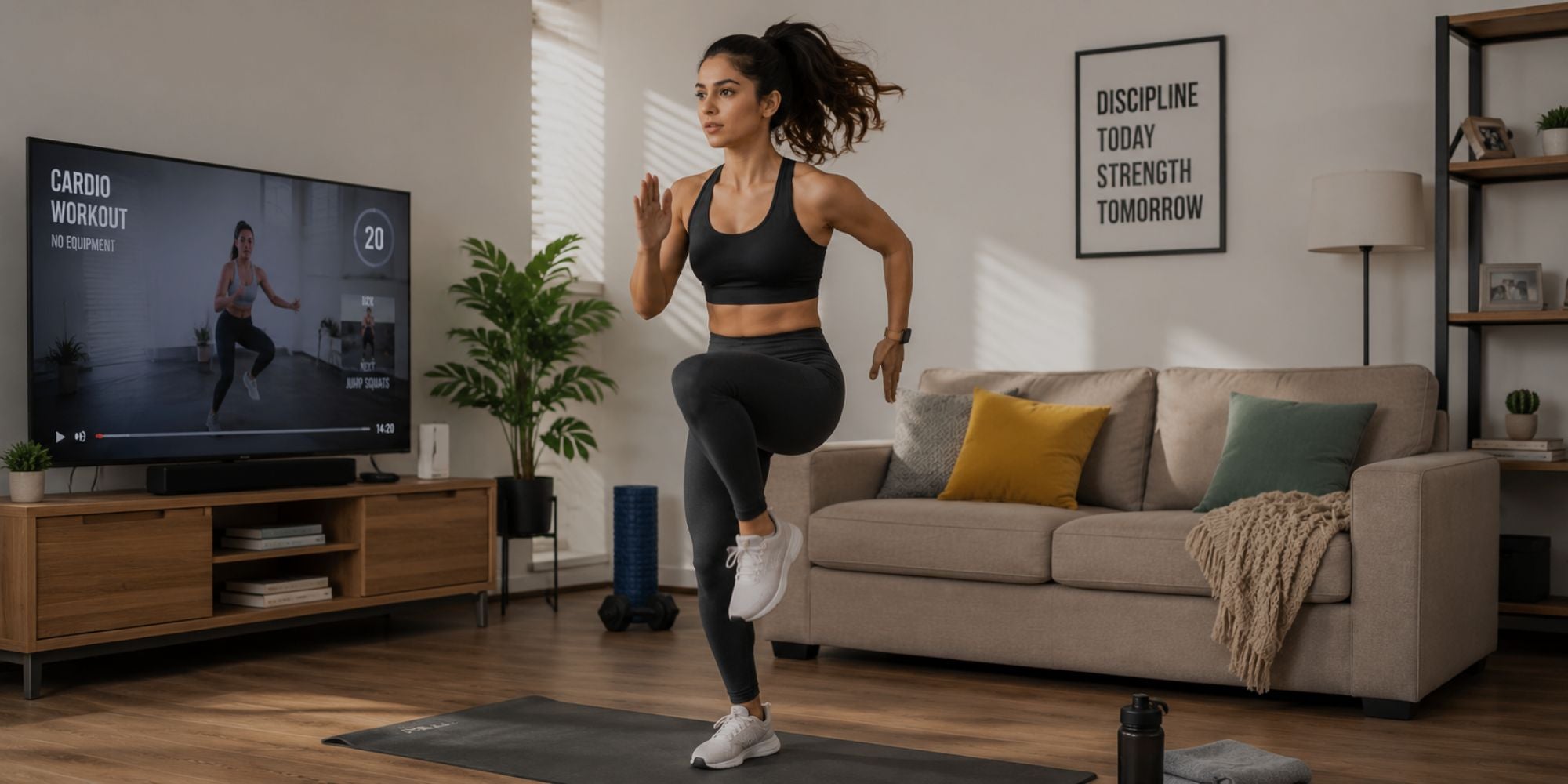 Woman exercising in a living room with a TV showing a workout program.