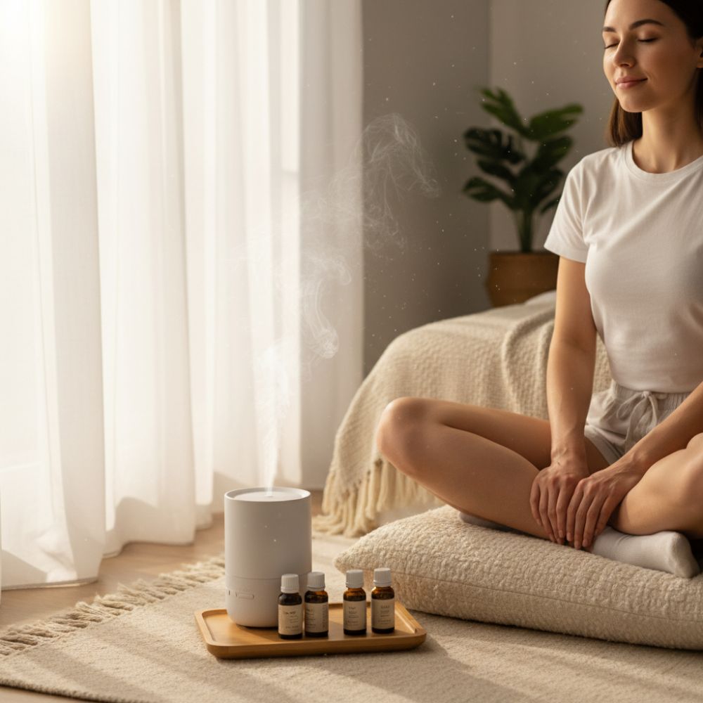 Woman meditating in a serene room with essential oils and diffuser.