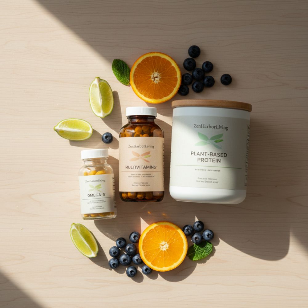 Supplement bottles, protein powder container, and fruits on a wooden surface